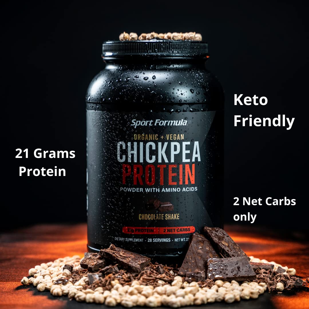 Sport Formula Chickpea Protein Powder, Organic and Vegan Plant Based Protein, All Natural Protein Powder with Essential Amino Acids, Chocolate Flavor, only 2 net Carbs with 21 Grams Protein