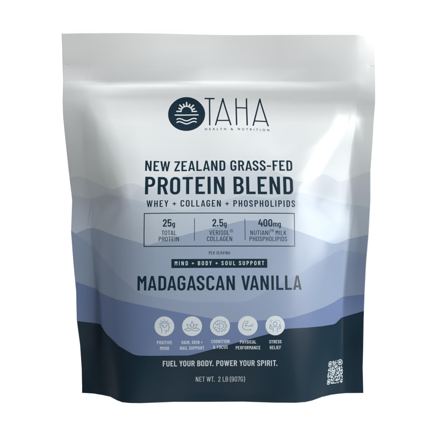 Taha Health & Nutrition Mind+Body+Soul Protein Blend - Madagascan Vanilla. 25g of Protein per Serve from Whey & Collagen, Plus 400mg Milk Phospholipids | New Zealand Grass-Fed, Free-Range Dairy | 2LB