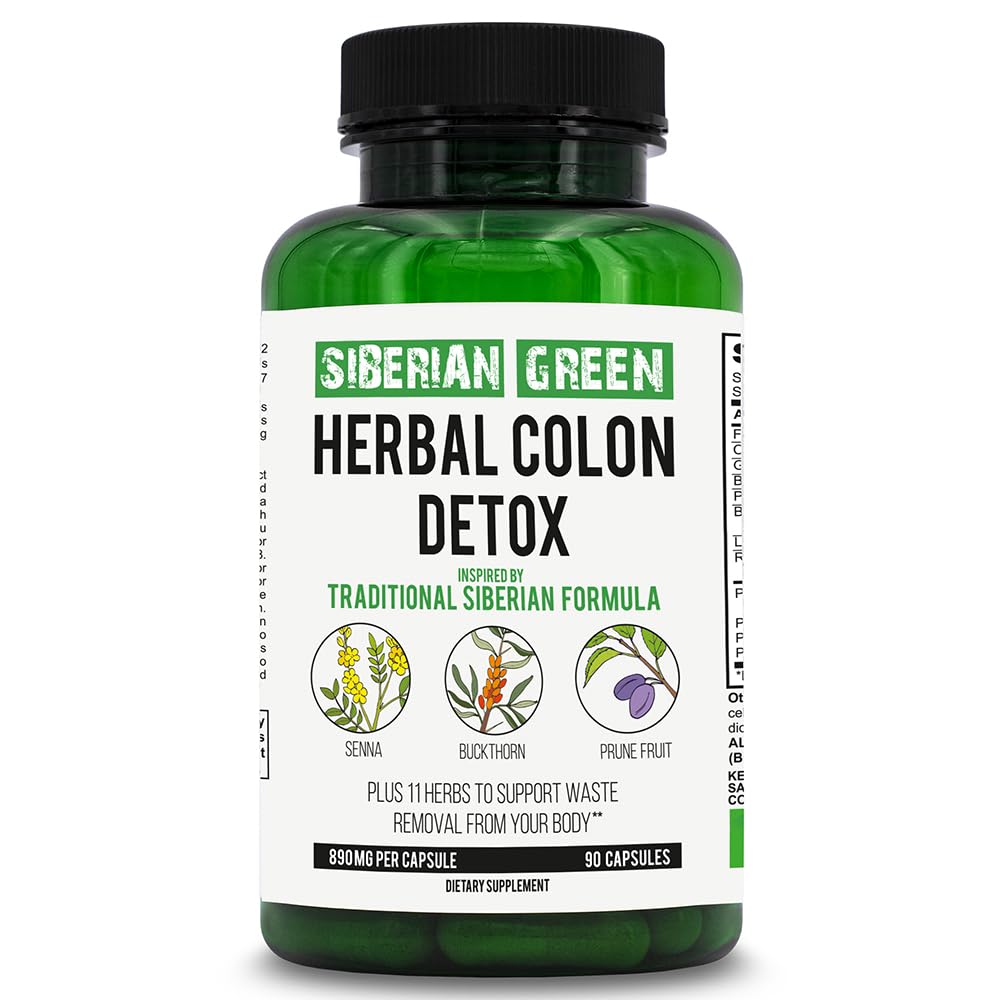 Siberian Green Herbal Colon Detox with Senna Buckthorn Prune Fruit 90 Capsules - Traditional Siberian Formula 14 Herbs & Probiotic to Cleanse Colon and Detox Body