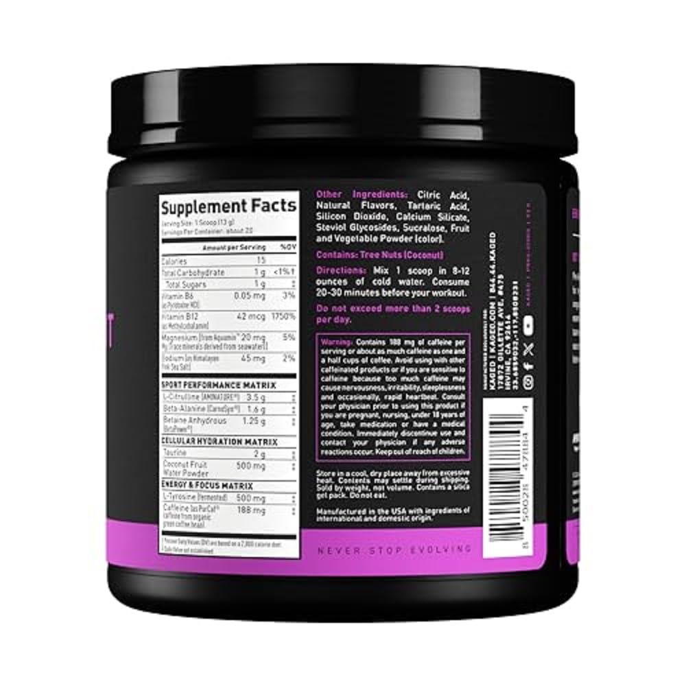 Kaged Sport Pre Workout Powder for Men & Women, Glacier Grape, Sport Certified, 188mg Caffeine, Nitric Oxide Supplement, Beta Alanine for Energy, Weightlifting, Cardio Endurance, Strength, 20 Servings