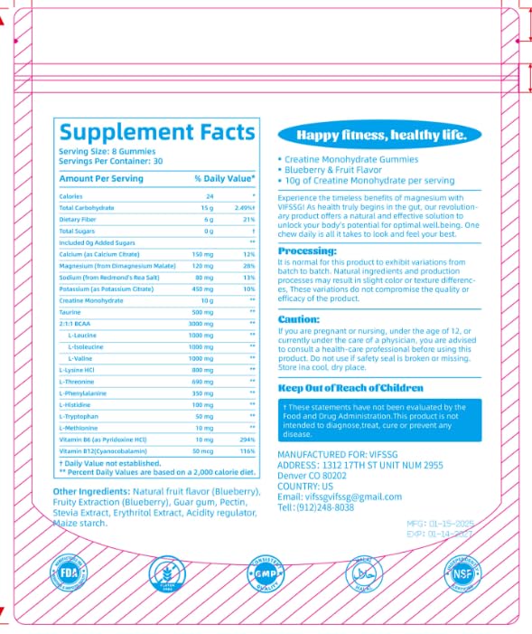 VIFSSG Creatine Monohydrate Gummies, Creatine Chewable 240 Gummies for Women and Men with 10 Creatine, Mix BCAAs and Electrolytes per Serving, Blueberry Sugar Free Gummies for Muscle Strength