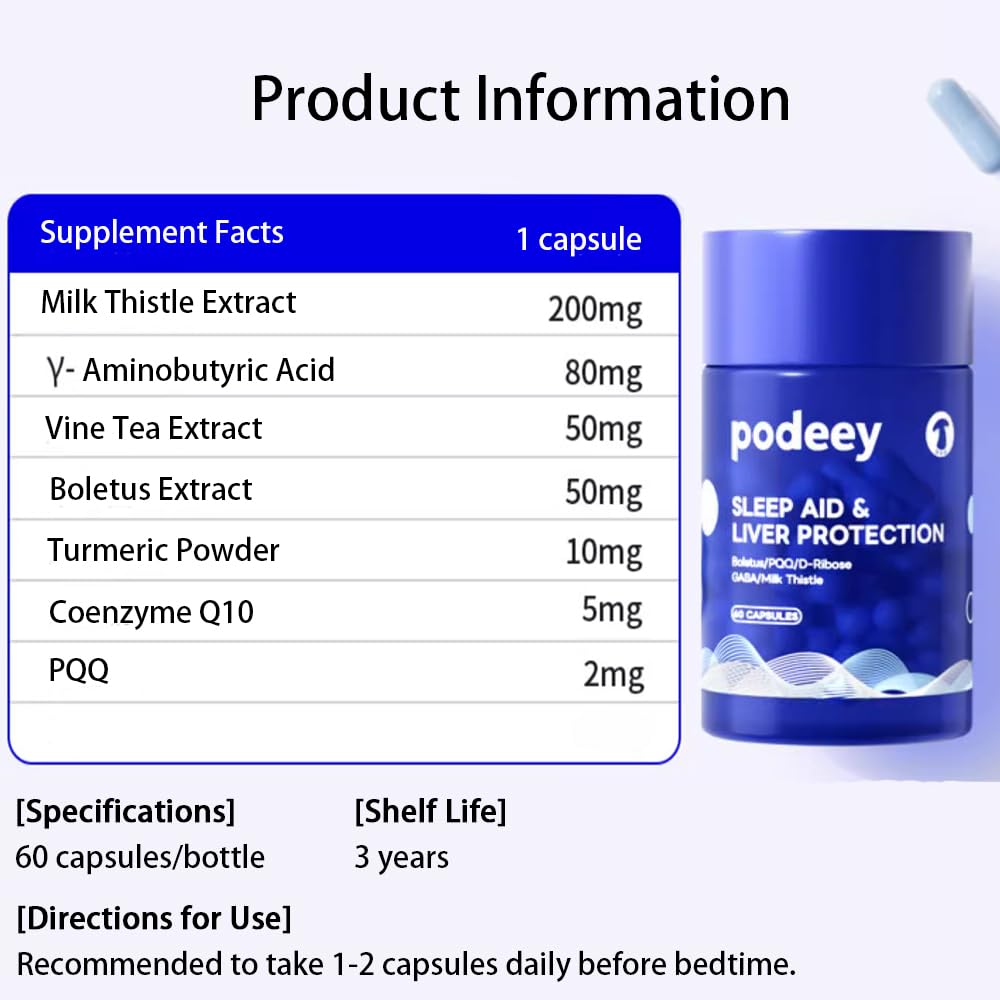 Podeey Liver Cleanse & Detox & Sleep Support & Ingredient Blend Milk Thistle,Curcumin,D-Ribose,Gamma-Aminobutyric Acid (GABA),Coenzyme Q10,COQ10