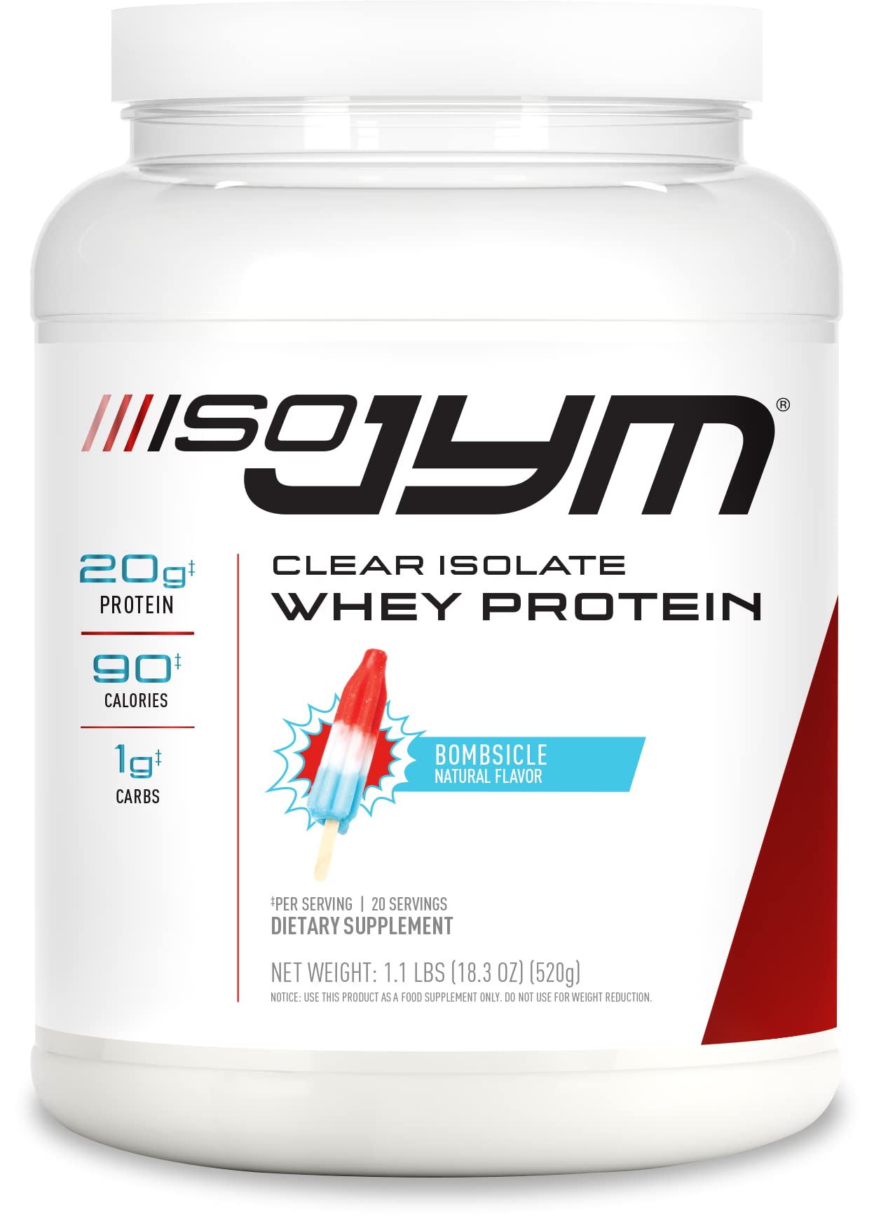 JYM Supplement Science Iso JYM Bombsicle, 90 Calories, 100% Whey Protein Isolate, Zero Fat, Zero Sugars, Mixes Clear, for Women & Men, 20 Servings