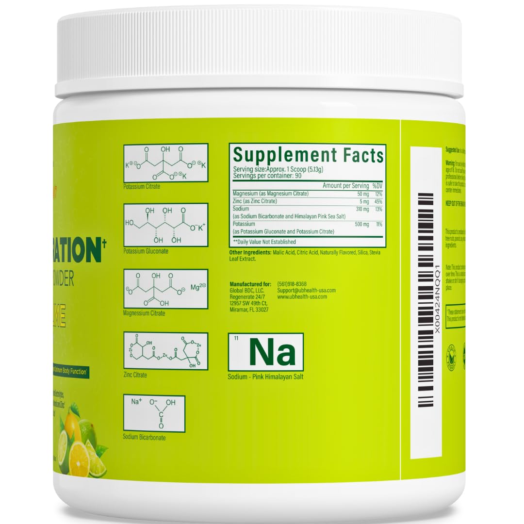 Total Hydration Electrolyte Replacement Mix Supplement Powder - 500 mg Potassium Citrate & Gluconate - Magnesium - Zink - Pink Salt - Natural Flavor -Stevia- No Allulose (90 Servings, Lemon Lime)