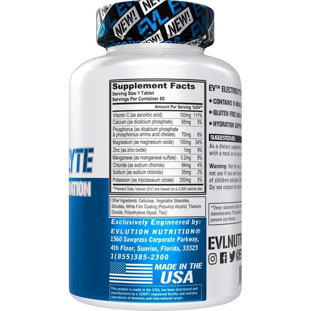 Evlution Nutrition Volumizing Electrolyte Hydration Tablets - Rapid Rehydration Supplement - Recharge and Recover - Contains 8 Key Electrolytes - Vegan, Gluten-Free, and Keto Friendly - 60 Servings