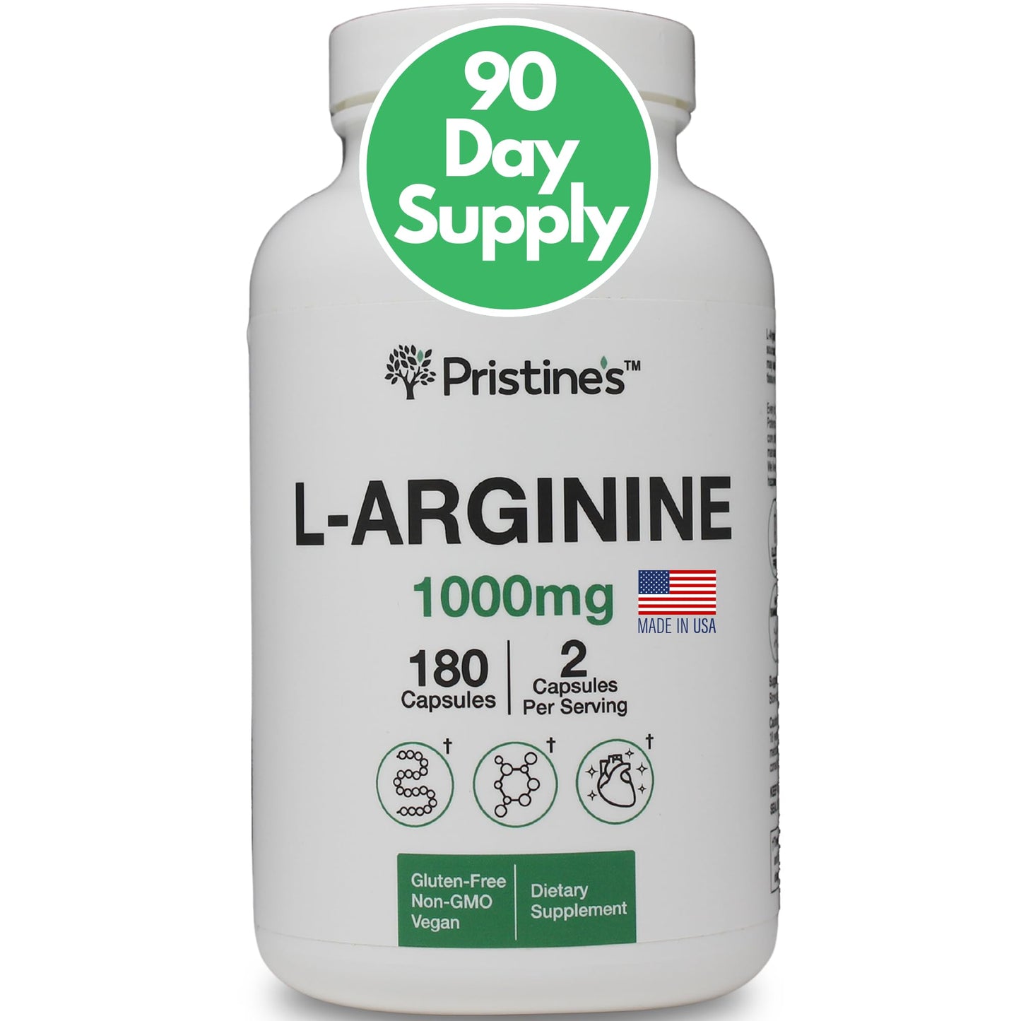 PRISTINE'S L Arginine Supplements for Men & Women - 1000mg Capsules 90 Day Supply Blood Flow & Pre Workout Amino Acid Support
