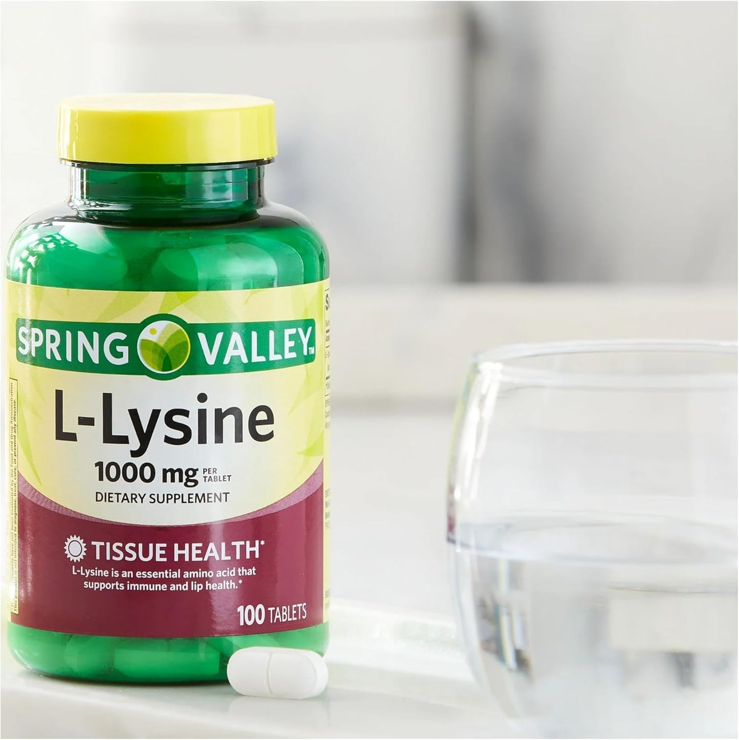 L Lysine 1000mg Tablets, 100 Count, Super Lysine Immune Support & Healthy Skin* by Spring Valley (Pack of 1)_+Sticker