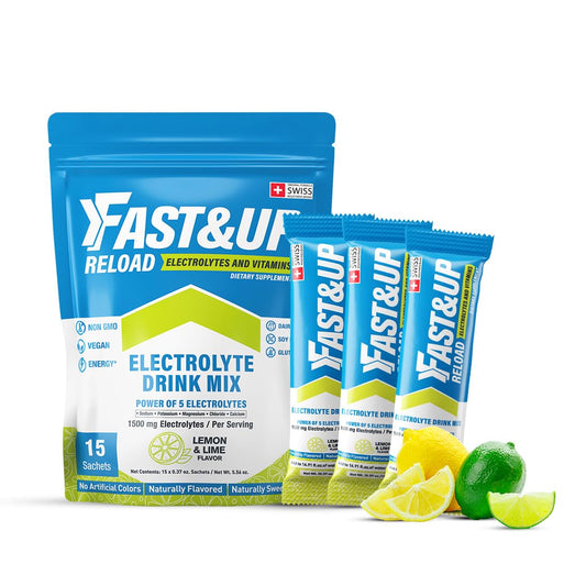 FAST&UP Reload - Lemon & Lime - Refreshing Electrolyte Drink Mix | Hydration Powder Packets | 1500 mg Electrolytes + Vitamins C & B12 | Easy to Open Single Serving Pack | 15 Servings