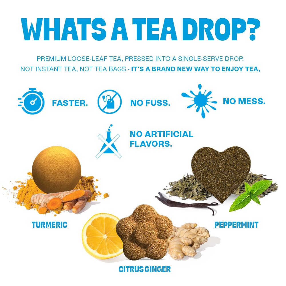Tea Drops Herbal Trio Gift Set Sampler  Dissolvable Bagless Loose Leaf Tea  Iced or Hot  Caffeine Free Naturally Sweetened Peppermint Turmeric Citrus Ginger  10 Per Flavor  30 Servings