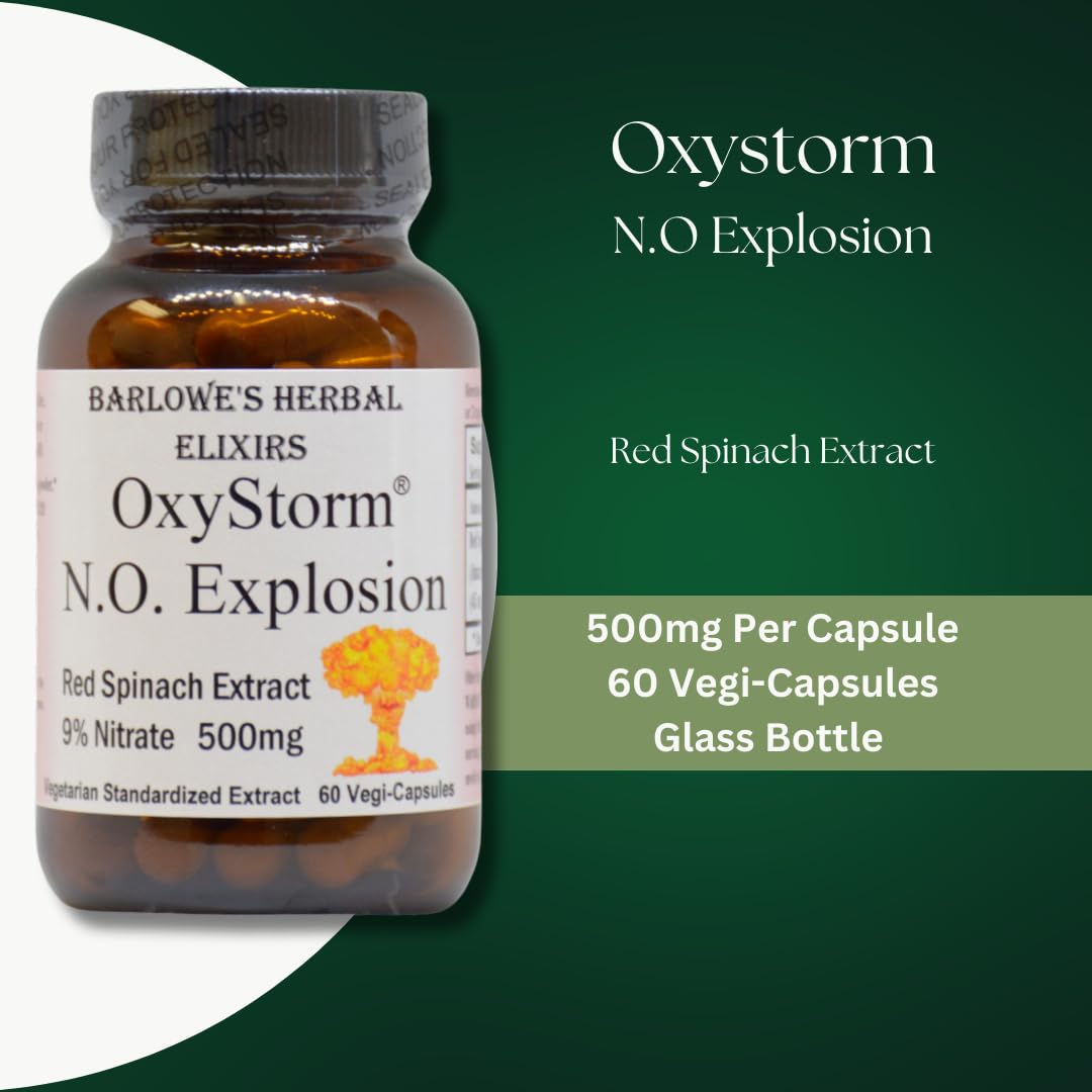Barlowe's Herbal Elixirs OXYSTORM® N.O. Explosion | Red Spinach Extract 9% | Natural Nitric Oxide Booster | 500mg Per Capsule | 60 Vegan Capsules | No Oxalates, Stearate-Free, Glass Bottled