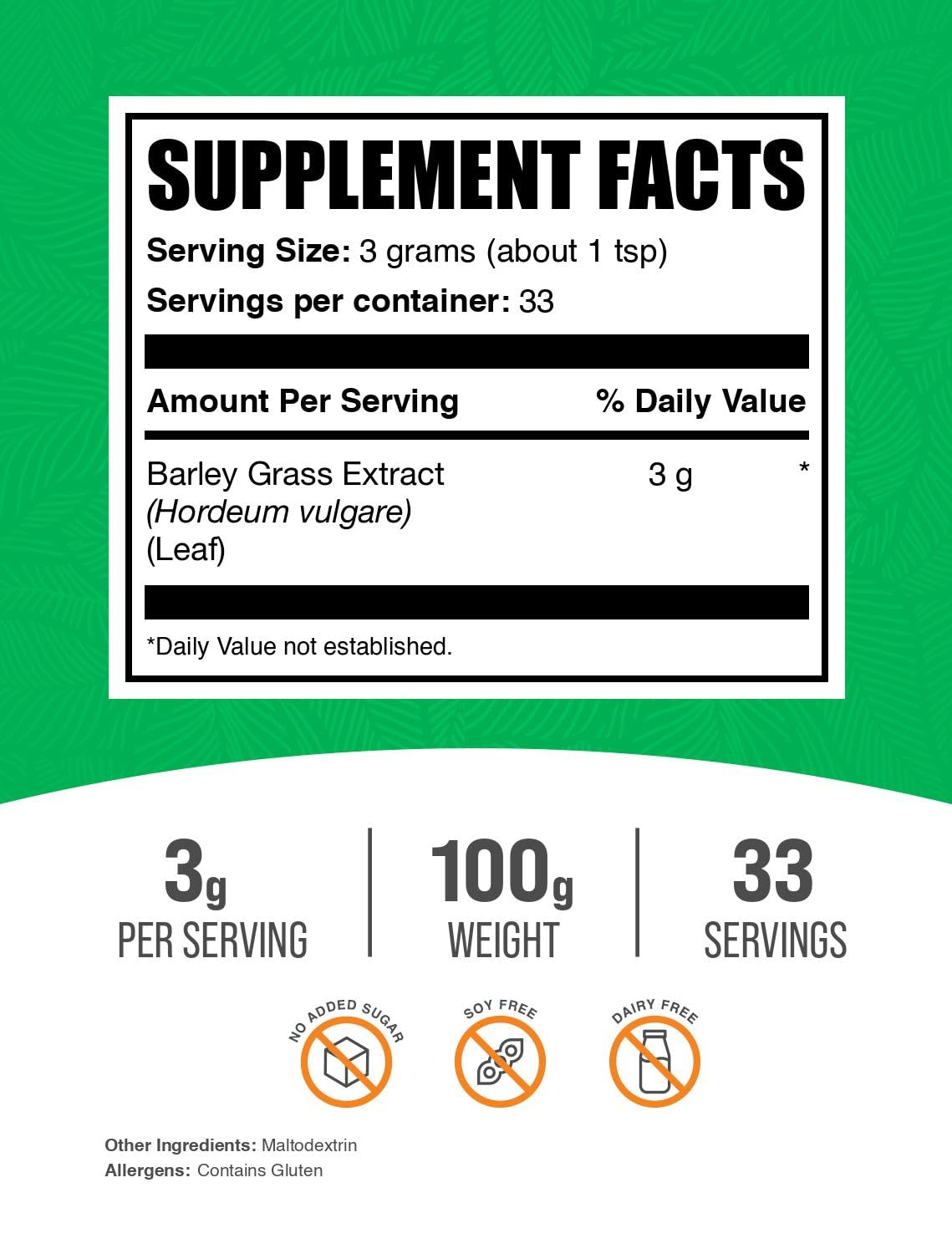 BulkSupplements.com Barley Grass Extract Powder - Barley Powder, Green Superfood Supplement, Barley Extract - Vegan-Friendly, 3g per Serving, 100g (3.5 oz) (Pack of 1)
