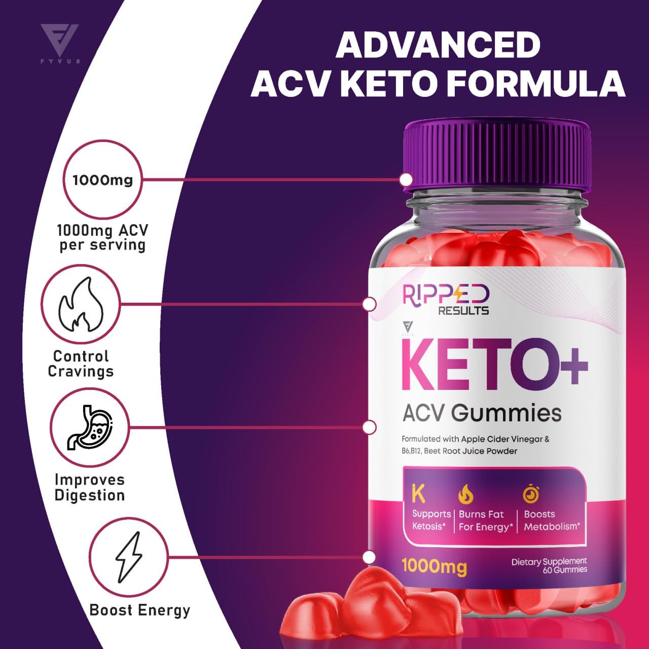 Ripped Results Keto Plus ACV Gummies, Ripped Results Keto ACV Gummies Advanced Apple Cider Vinegar Vitamin Supplement 1000MG, Ripped Keto+ ACV Folic Acid (60 Gummies)