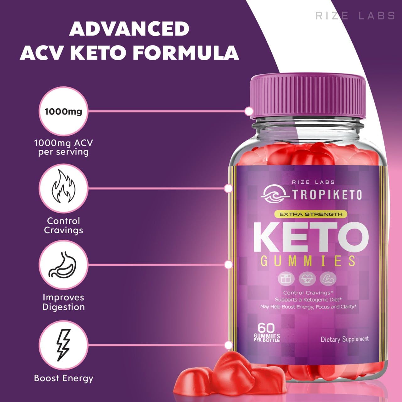 rize labs (Pack of 2 TropiKeto ACV Gummies - Extra Strength Keto Gummies for Advanced Weight Loss, Keto Supplement, Tropi Keto Gummy Reviews (120 Gummies)