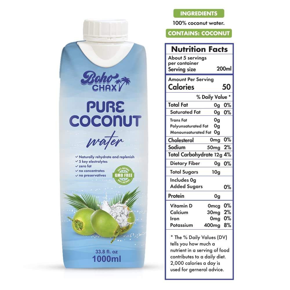 100 Natural Pure Coconut Water Not From Concentrate Drink with No Added Sugar  Replenishes Essential Vitamins and Electrolytes for Superior Hydration  338 Fl Oz Cartons  6Pack by Boho Chax