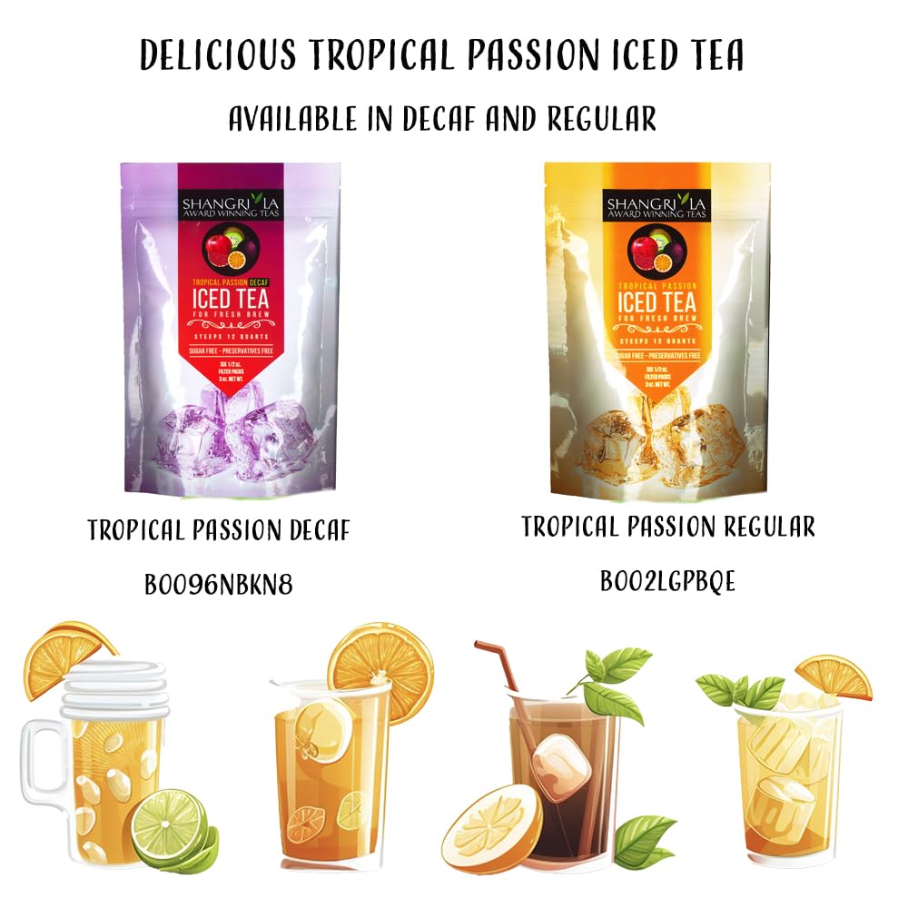 ShangriLa Tea Company Iced Tea Bags Tropical Passion Decaf Unsweetened and All Natural Brews 2 Quarts Per Tea Bag 6 Count 5057