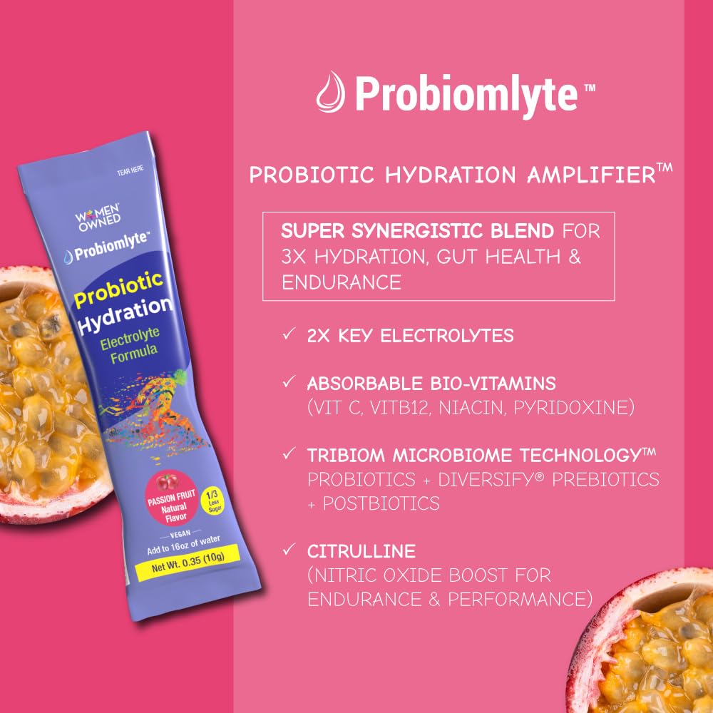 Probiomlyte Probiotic Hydration Amplifier. Electrolytes + Key Vitamins + Probiotics + Prebiotics + Postbiotics + Citrulline |Better Endurance, Performance, Energy, Gut Health| Passion Fruit |10 sticks