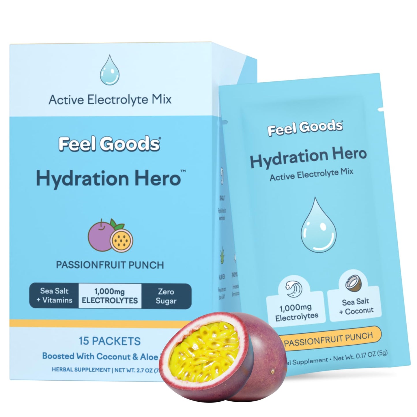 Feel Goods Hydration Hero, 1,000mg Electrolytes Powder, Sugar Free, Magnesium, Organic Aloe Vera, L Theanine, Vitamin C & B12, Keto, Vegan, Electrolyte Packets, Passion Fruit Punch, 15 Count