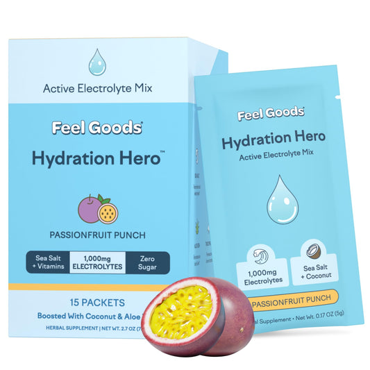 Feel Goods Hydration Hero, 1,000mg Electrolytes Powder, Sugar Free, Magnesium, Organic Aloe Vera, L Theanine, Vitamin C & B12, Keto, Vegan, Electrolyte Packets, Passion Fruit Punch, 15 Count