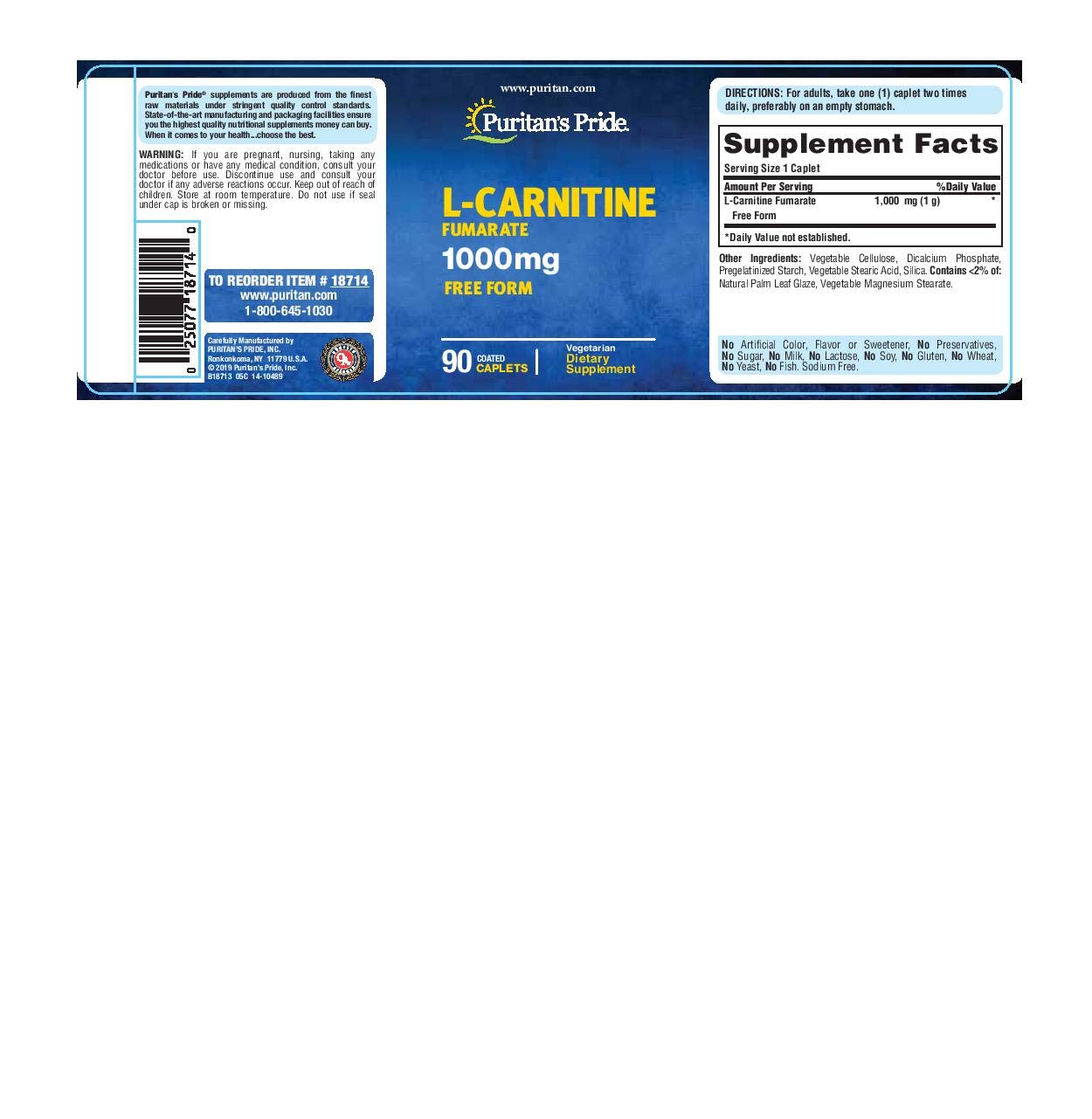 Puritan's Pride L-Carnitine Fumarate 1000 mg-90 Caplets