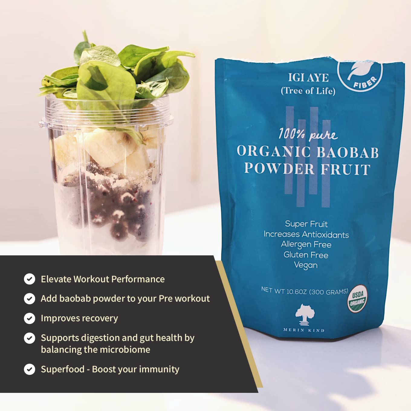 MERIN KIND Organic Baobab Powder - Prebiotic Fiber Supplement for Immunity, Gut Health, and Energy Boost - Soluble and Insoluble Fiber for Women, Men, and Kids - Natural Plant Fiber (10.6 oz)