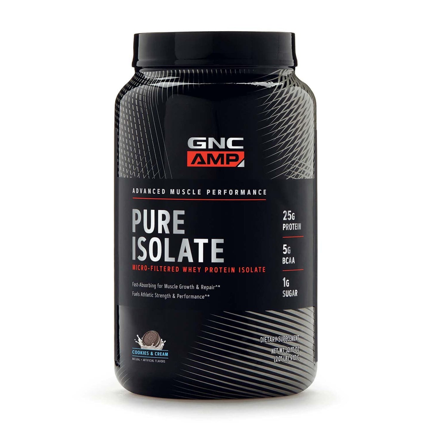 GNC AMP Pure Isolate | Fuels Athletic Strength, Performance and Muscle Growth | Fast Absorbing | 25g Whey Protein Iso with 5g BCAA | 28 Servings | Cookies & Cream