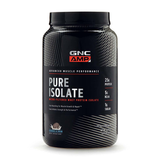 GNC AMP Pure Isolate | Fuels Athletic Strength, Performance and Muscle Growth | Fast Absorbing | 25g Whey Protein Iso with 5g BCAA | 28 Servings | Cookies & Cream