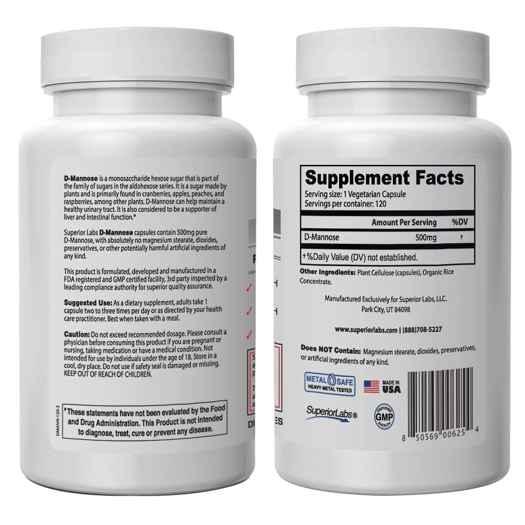 Superior Labs - Best D-Mannose NonGMO Dietary Supplement - 500mg, 120 Vegetable Capsules - Powerful Prebiotic - Boosts Urinary Tract Health - Supports Digestive Health & Liver Function