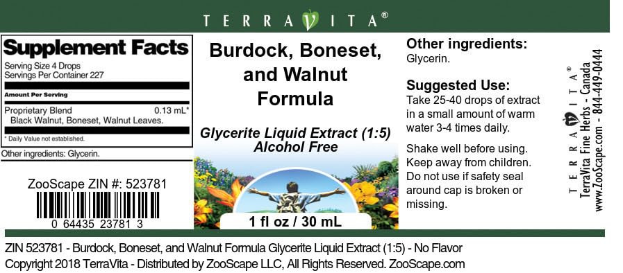 Terravita Burdock, Boneset, and Walnut Formula Glycerite Liquid Extract (1:5) - No Flavor (1 oz, ZIN: 523781) - 2 Pack
