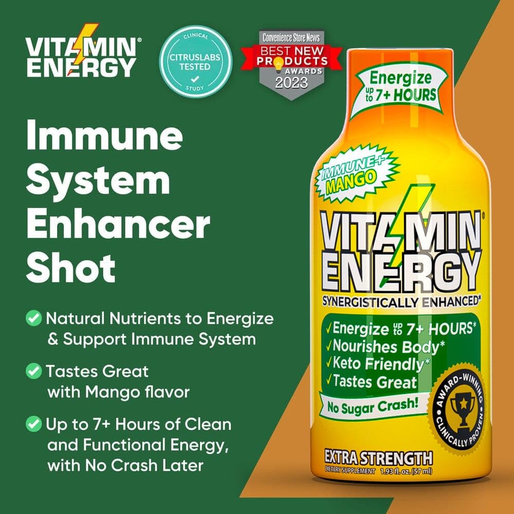 Vitamin Energy Immune+ Extra Strength Energy Shot - Mango - 100% DV B-Vitamins & 260mg Caffeine - Zero Calories, Sugar-Free, Vegan, Non-GMO - Immunity & Energy Support - 1.93 fl oz, 12-Pack