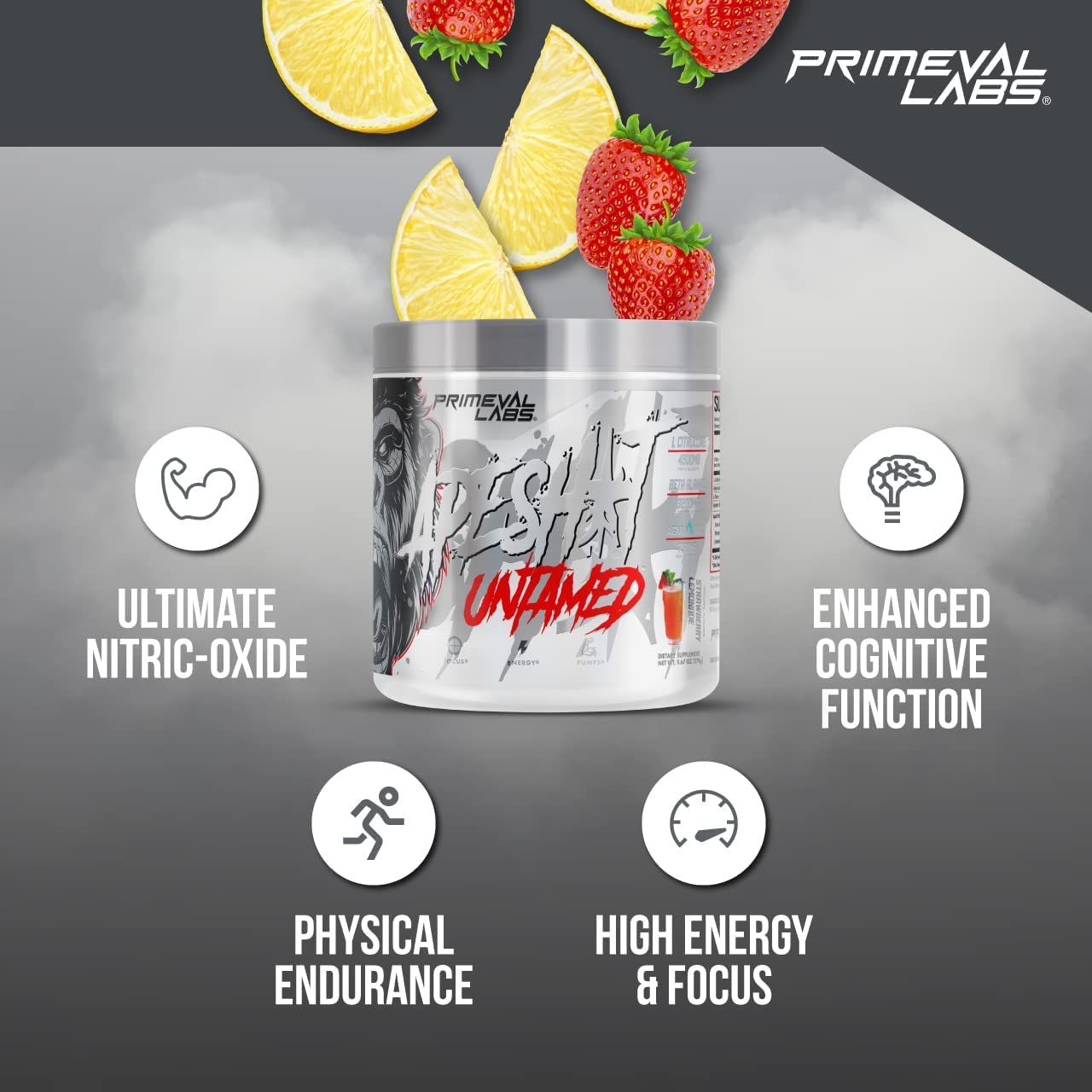 Primeval Labs Ape Untamed Pre Workout Energy Drink Powder, 40Servings Strawberry Lemonade, Max Support for Pumps & Focus, Increased Performance, Nitric Oxide Production with L-Citrulline, Beta Alanine