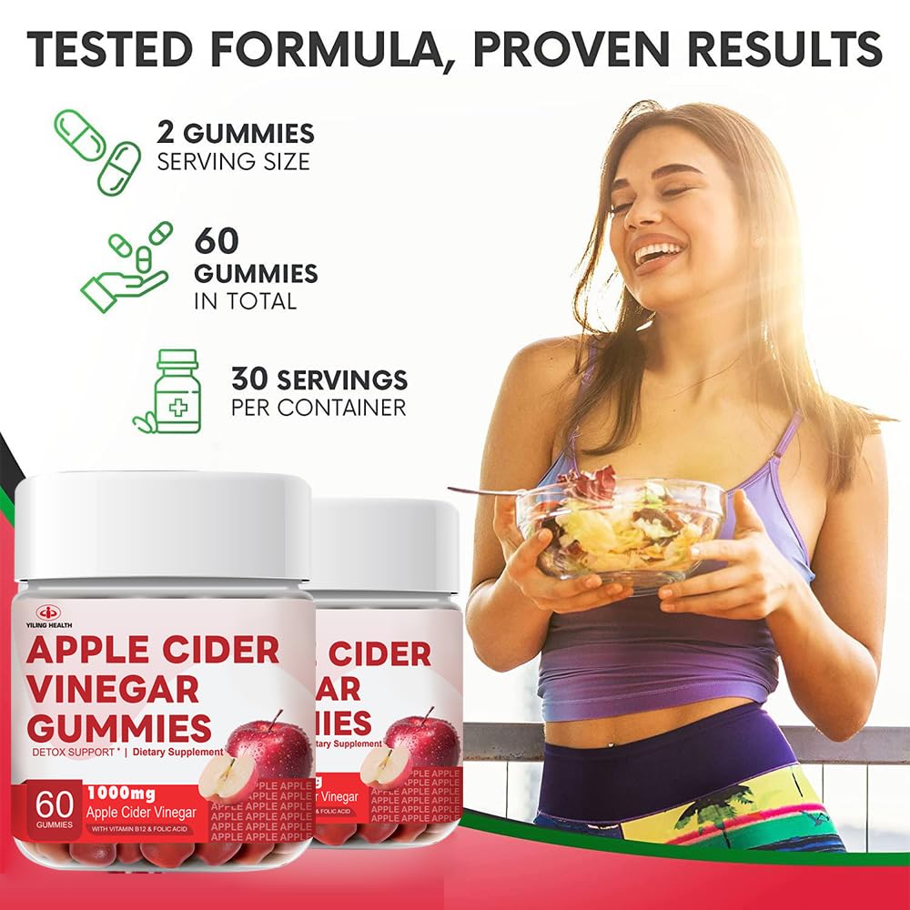 YiLing Improved Sour-Sweet Taste Apple Cider Vinegar Gummies - 1000mg -Formulated to Support Immune Health Normal Energy Levels & Gut Health- Apple Flavor Gummies Enriched B12 / B6 / Beetroot
