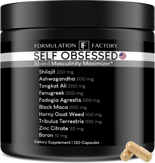 Self Obsessed 10 in 1 Masculinity Maximizer Supplement, Shilajit for Men, Tongkat Ali, Ashwaganda, Fenugreek Muscle Growth, Energy Management, Drive, Strength, Recovery 1-month supply (Pack of 1)