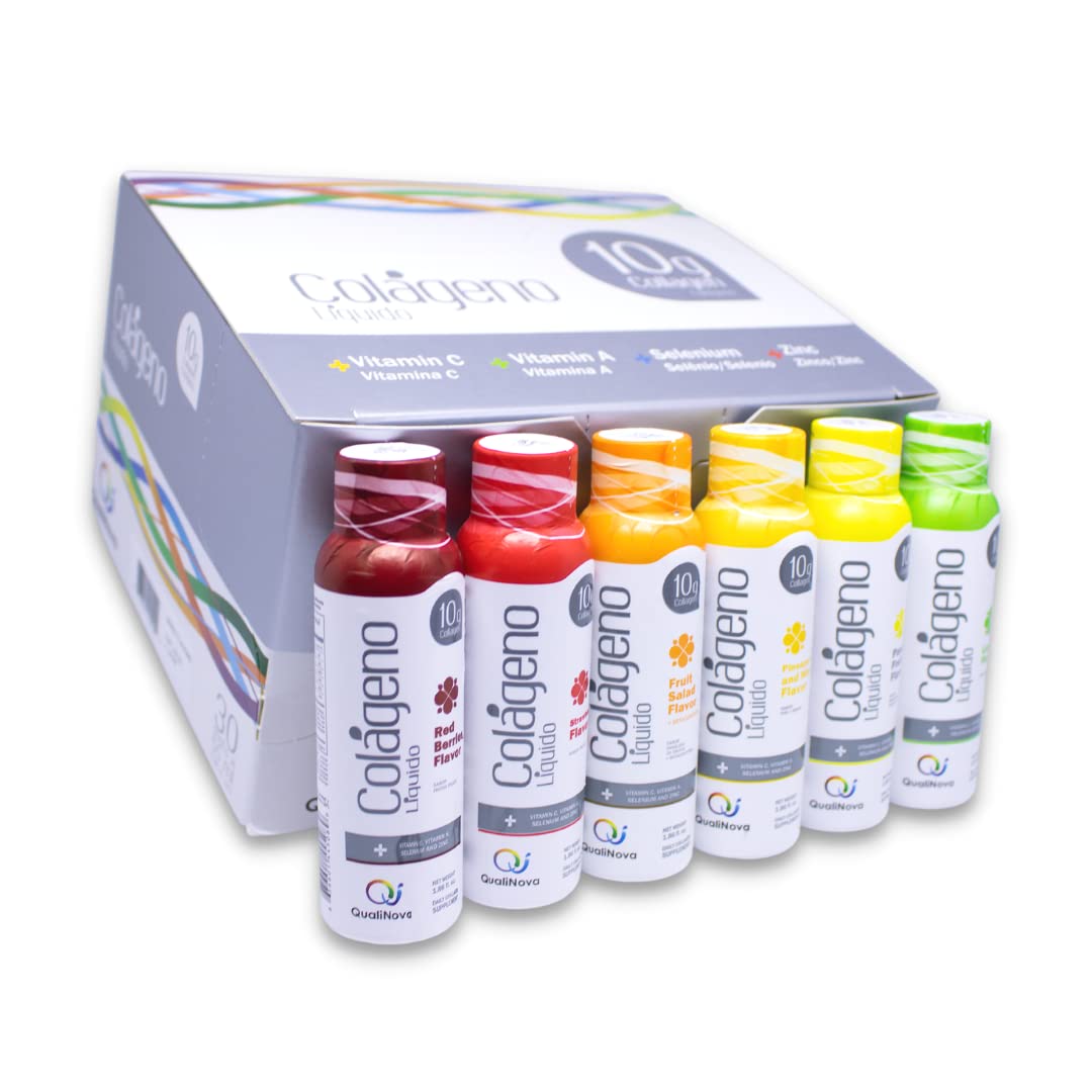 QUALINOVA Liquid Collagen Supplements Variety Pack for Women - Daily Dose of Tropical Flavors with Essential Nutrients (10g Collagen / 1.86 fl oz - 30 Count)