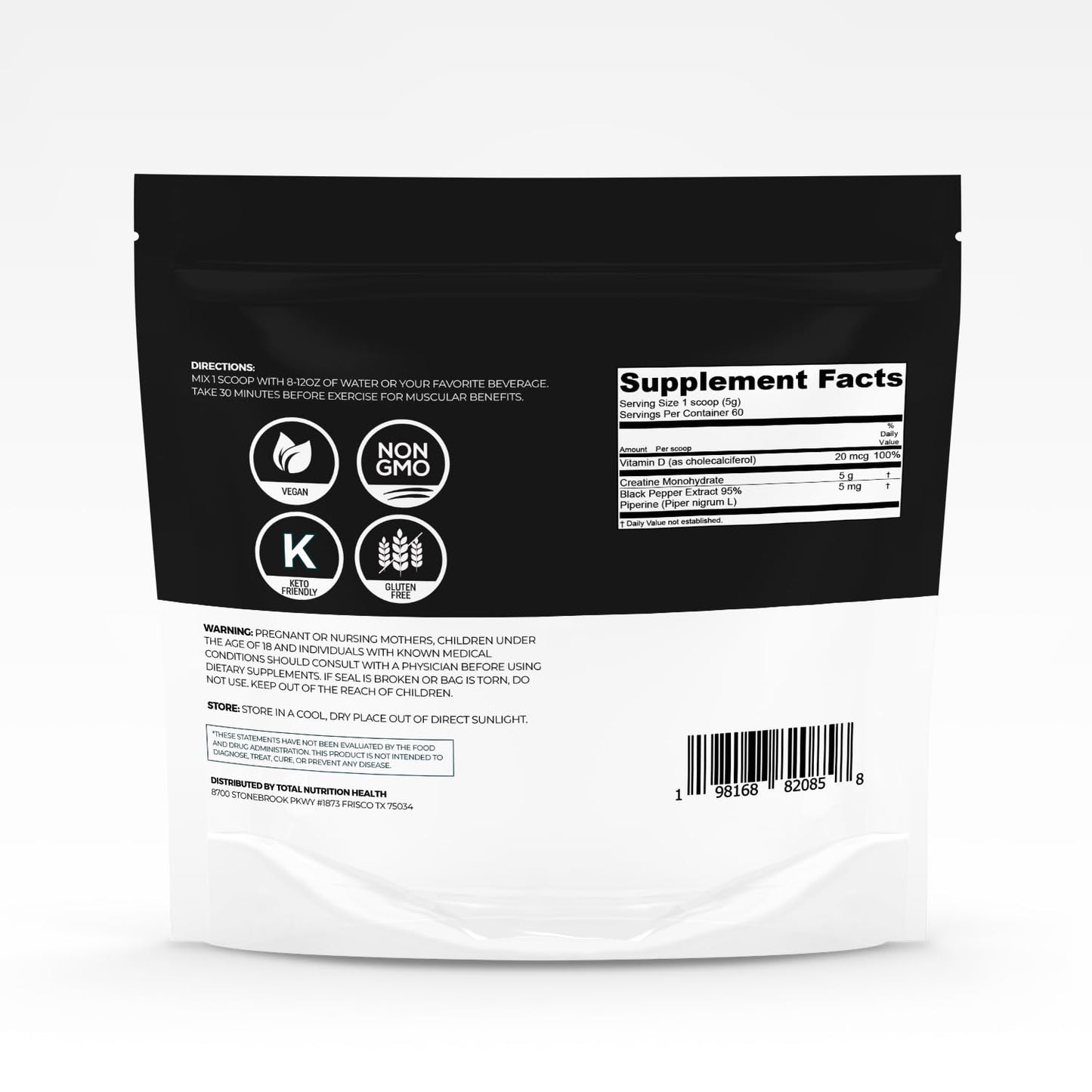 Total Nutrition Health Creatine Monohydrate - 5g Micronized Creatine Monohydrate Powder - Vitamin D and Black Pepper Extract - Unflavored Pre-Workout with Creatine for Energy, Muscle Performance