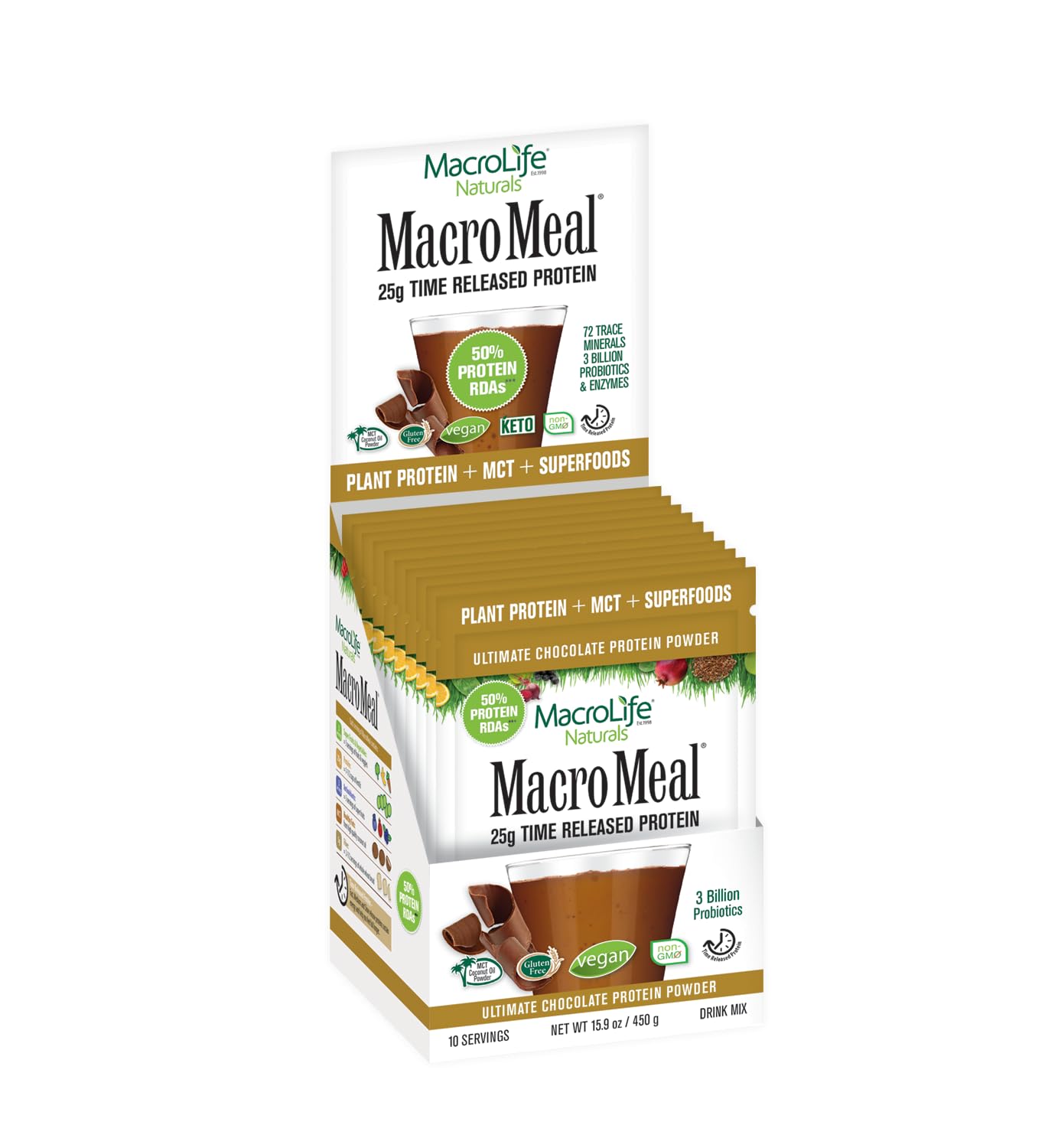 MacroLife Naturals MacroMeal Vegan Chocolate Superfood Supplement Powder Protein + Greens, Probiotics, Digestive Enzymes, Fiber - Energy, Detox, Immune - Non-GMO, Gluten-Free - 10 Packet Servings