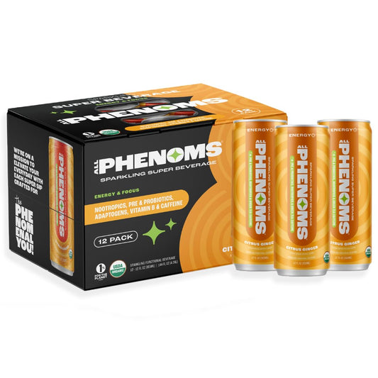 All Phenoms Energy Sparkling Organic Prebiotic  Probiotic Drink  Adaptogen Mushroom Blend 350mg Lions Mane 75mg Green Tea Caffeine 135mg LTheanine Vitamins B  Citrus Ginger 12 Pack