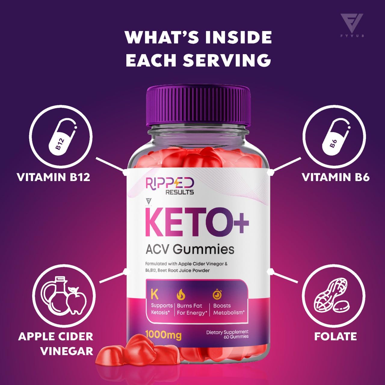 Ripped Results Keto Plus ACV Gummies, Ripped Results Keto ACV Gummies Advanced Apple Cider Vinegar Vitamin Supplement 1000MG, Ripped Keto+ ACV Folic Acid (60 Gummies)