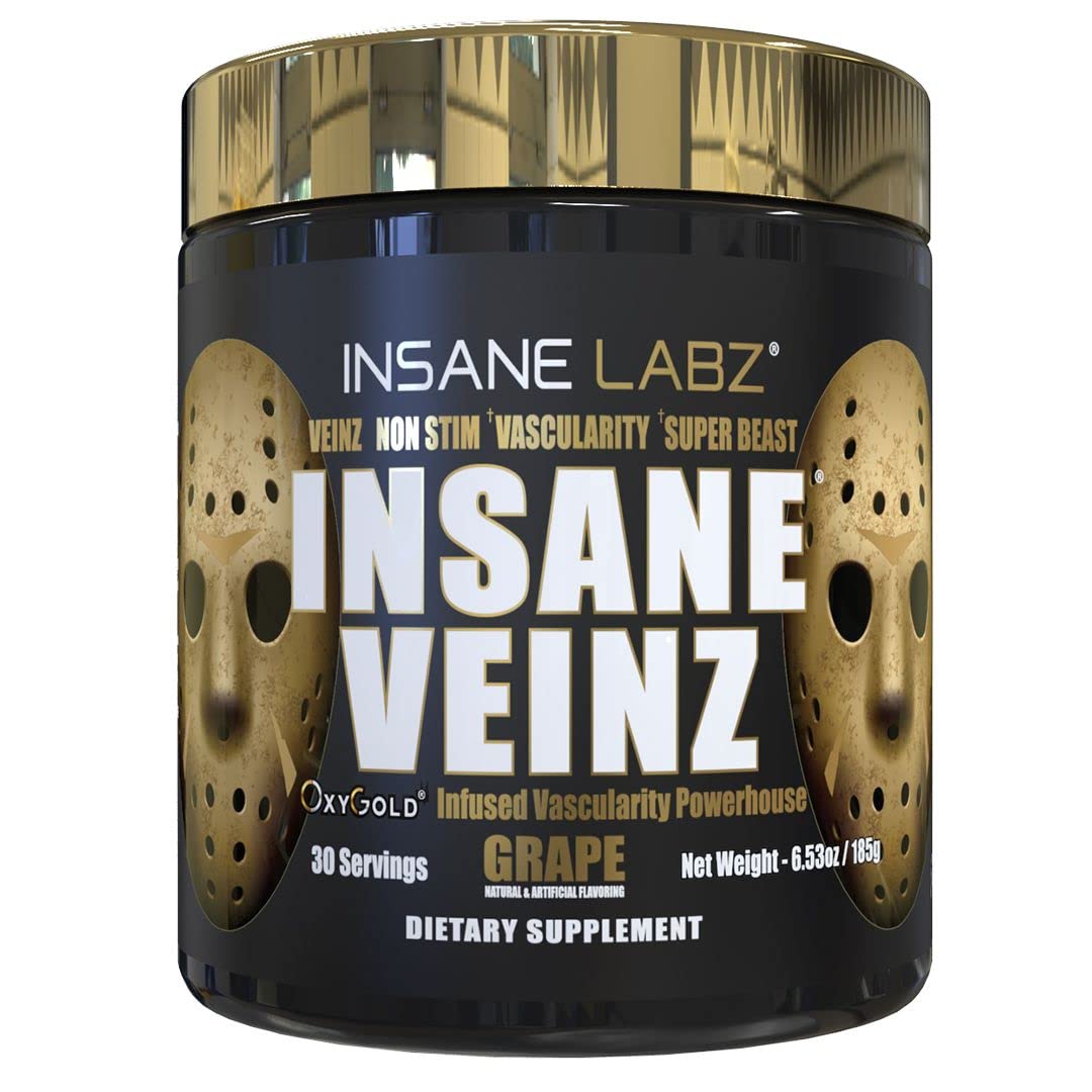 Insane Labz Insane Veinz Gold, Nitric Oxide Non Stimulant pre Workout Powder, Loaded with Hydromax, Nitrosigine, Increases Vascularity and Blood Flow, 30 Srvgs, Grape
