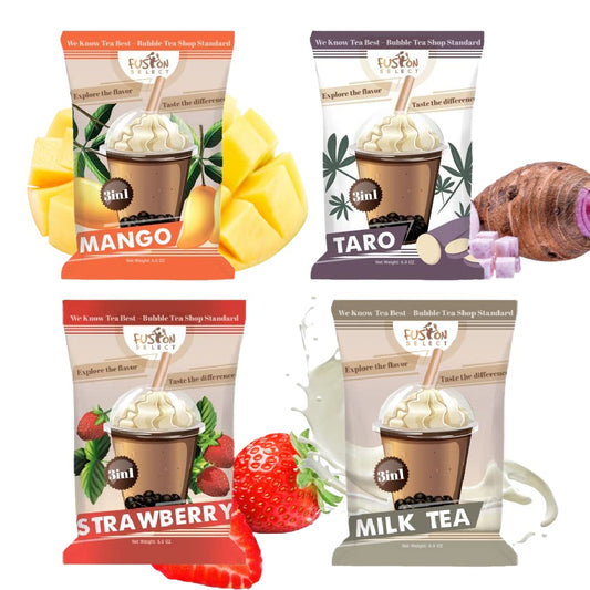 Fusion Select 4 Variety Flavors Taro Mango Strawberry Milk Tea 3in1 Drink Powder Instant PreMixed Powder for Hot or Cold Blends Yummy Frappes