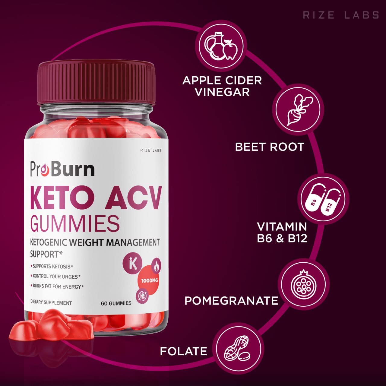 rize labs - Pro Burn Keto ACV Gummies, Advanced Formula Support Weight Loss, All Natural Apple Cider Supplement, Keto + ACV Pro Burner Gummy (300 Gummies) (Pack of 5)