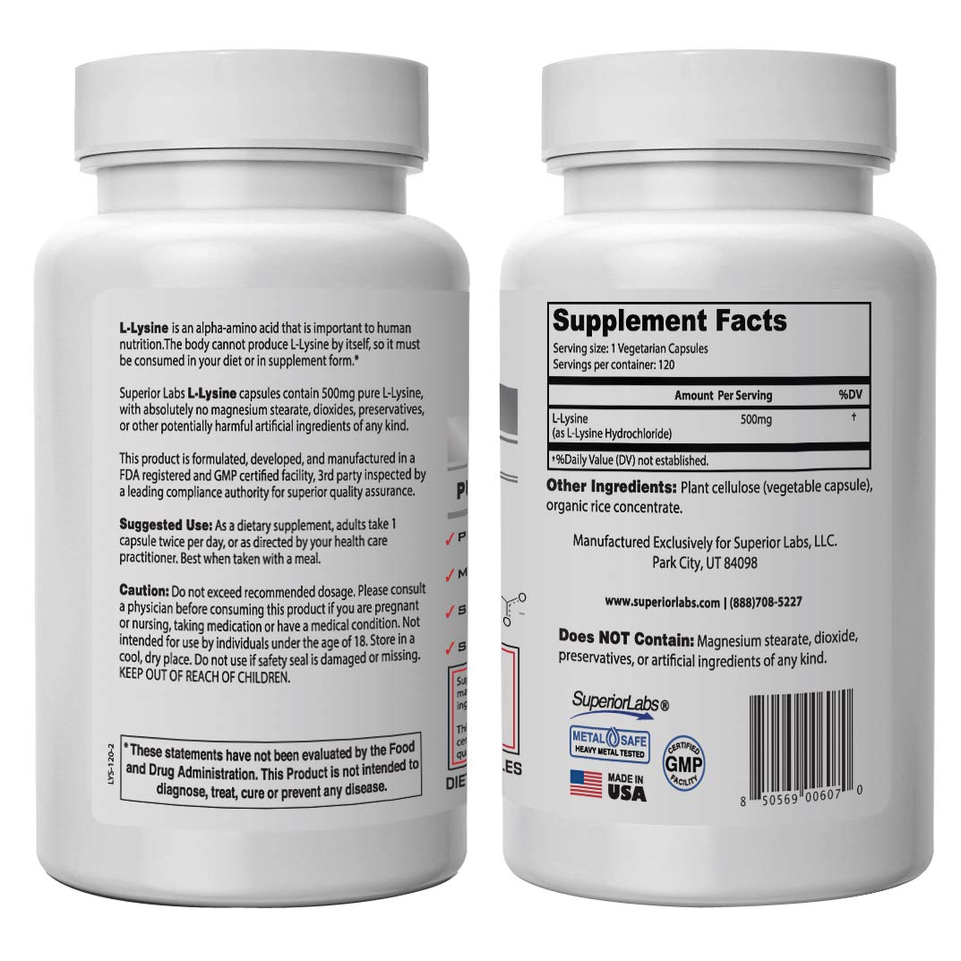 Superior Labs - Best L-Lysine NonGMO - Dietary Supplement -500 mg Pure Active L-Lysine - 120 Vegetable Capsules - Supports Calcium Absorption - Immune System & Respiratory Health Support