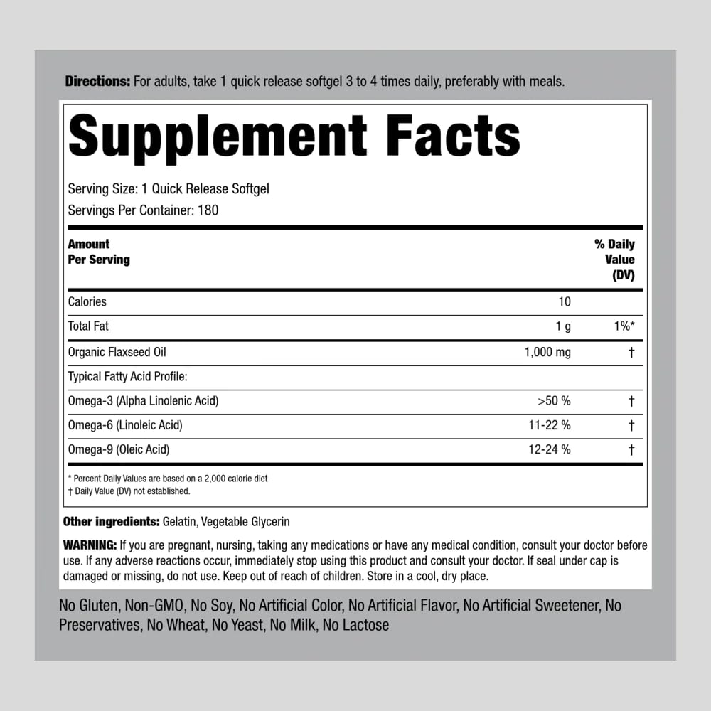 Piping Rock Flaxseed Oil 1000mg Softgel Capsules | 180 Count | Cold Pressed Supplement | Non-GMO, Gluten Free