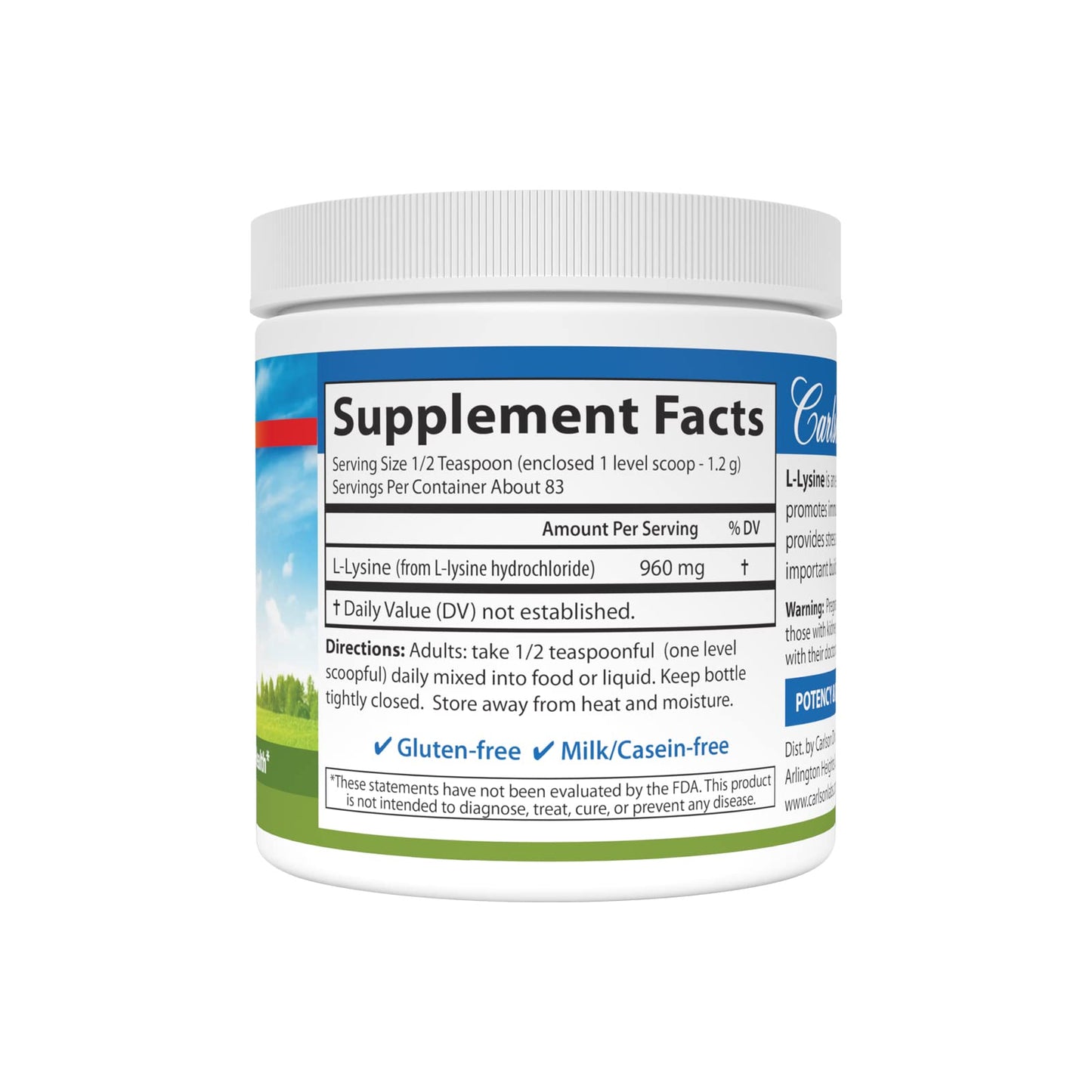 Carlson - L-Lysine Powder, Free-Form Amino Acid, 960 mg, Supports Healthy Tissue & Muscle Development, 3.53 oz (100 g)