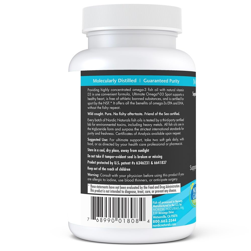 Nordic Naturals Ultimate Omega-D3 Sport, Lemon - 60 Soft Gels - 1480 mg Omega-3 + 1000 IU Vitamin D3 - NSF Certified - Supports Muscle, Bones, Focus & Endurance - 30 Servings