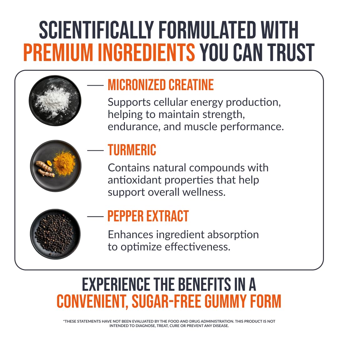 EcoWise Wellness Creatine Monohydrate Gummies 5g, Chewables for Men & Women, Creatine for Men, Gluten-Free, Sugar Free, Vegan, 120 Count, Mango