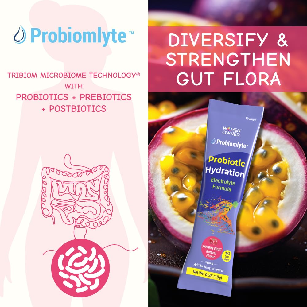 Probiomlyte Probiotic Hydration Amplifier. Electrolytes + Key Vitamins + Probiotics + Prebiotics + Postbiotics + Citrulline |Better Endurance, Performance, Energy, Gut Health| Passion Fruit |10 sticks