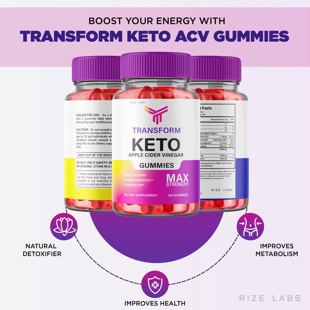 rize labs - Transform Keto (ACV) Apple Cider Vinegar Advanced Gummies (180 Gummies) (Pack of 3)
