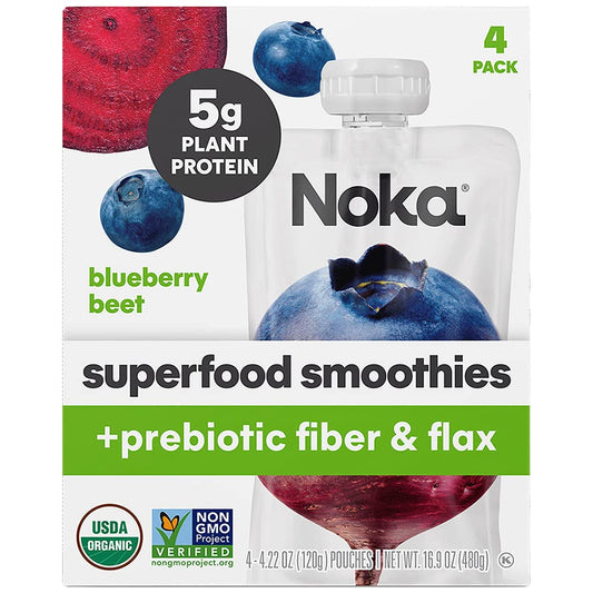 Noka Superfood Smoothie Pouches Blueberry Beet 4 Pack with Plant Protein Prebiotic Fiber  Flax Seed Organic Gluten Free Vegan Healthy Fruit Squeeze Snack Pack 422oz Each