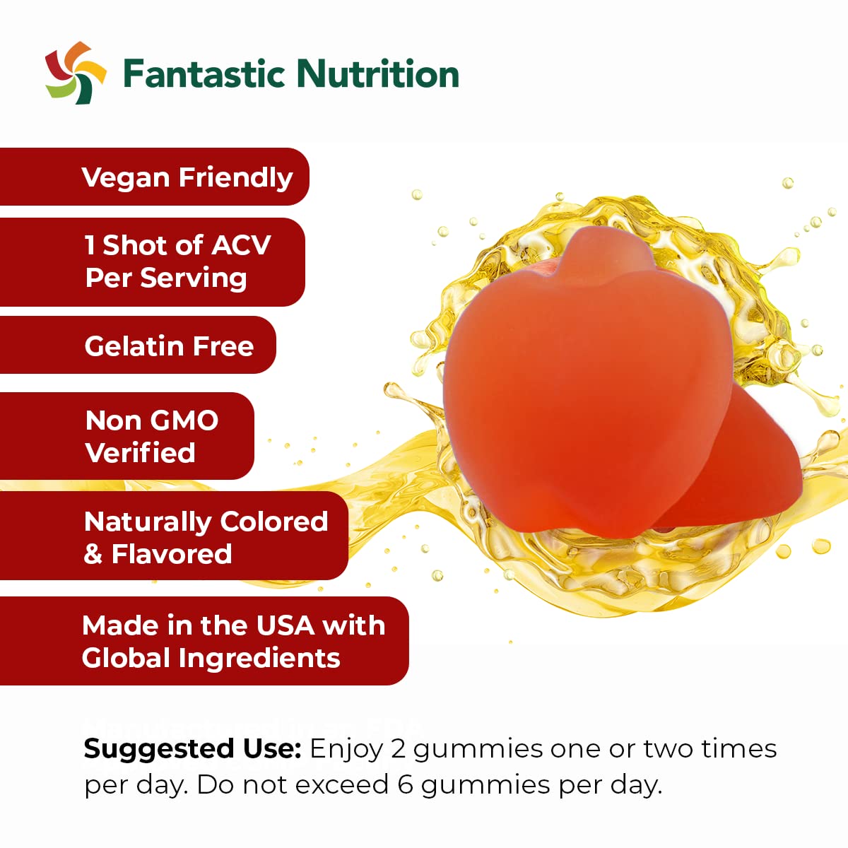 Fantastic Nutrition Apple Cider Vinegar Gummies - Immune Support Supplements - Immunity Vitamins - Apple Cider Gummies with The Mother - B Vitamins - Antioxidants Gluten Free - Vegan