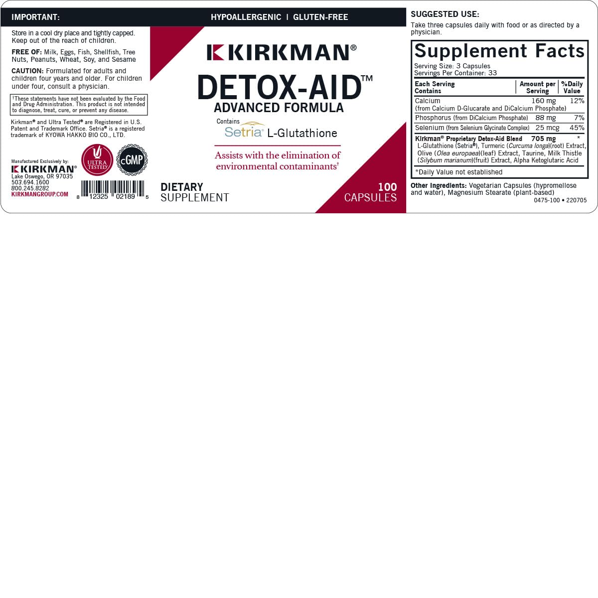 Kirkman - Detox-Aid Advanced Formula - 100 Capsules - Antioxidant Support - Helps Remove Toxins - Hypoallergenic